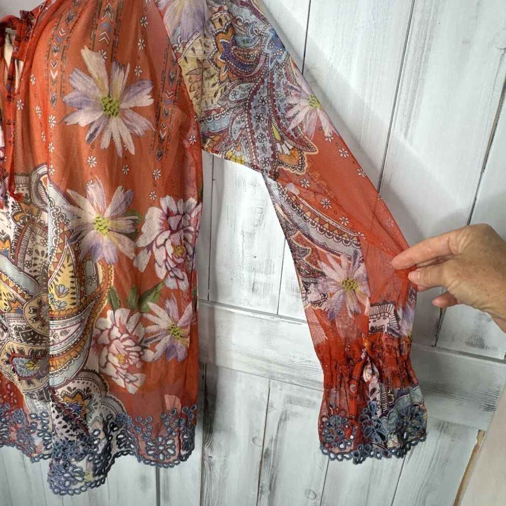NWT WOMENS‎ JOHNNY WAS BIYA ORANGE COLORFUL PAISLEY EYELET MESH BLOUSE W/ SLIP M - Picture 7 of 16